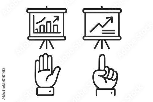 Business presentation icon set. Flip chart with graph, growth diagram. Hand gesture for question, answer, stop, vote. Data analysis, finance report, statistics vector.