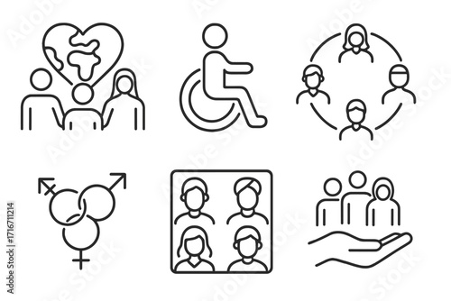 Diversity and inclusion line icon set. Editable stroke vector graphics. Concepts for equity, accessibility, community, belonging, teamwork, gender identity, and disability rights.