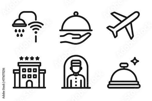 Modern hotel service icons set, amenities and hospitality symbols, travel and concierge minimalistic vector cartoon illustration collection, transparent background
