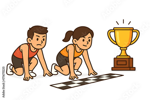 Two athletes ready to race toward a trophy symbolizing competition, victory, and sportsmanship. Cartoon vector illustration of a male and female runner at starting line, competition concept.