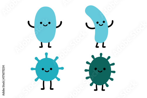 Cute probiotic bacteria character set. Good gut flora and intestine microflora mascot. Lactobacillus and Bifidobacterium for healthy digestion. Flat vector illustration icon pack.