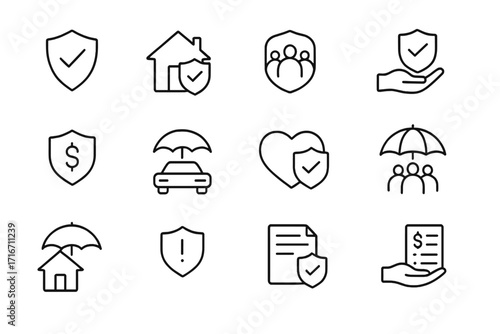 Insurance icon set. Thin line icons for financial security. Vector symbols for personal, property, health, and life insurance. Risk management, legal coverage & protection concepts.