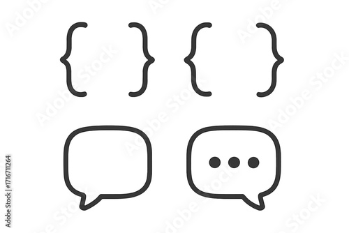 Set of programming curly braces and speech bubble icons. Communication and code syntax concept. Vector line art for web design, chat, message, dialogue, and developer symbol.