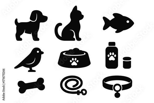 Silhouette pet care icons set with dog, cat, fish, bird, pet food bowl, bone, leash, collar, and medicine bottle for animal lovers, cartoon style vector illustration