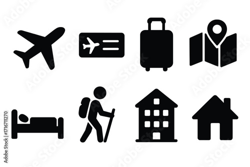 Travel icons set minimalist black silhouette designs for flights, airline ticket, suitcase, map with location pin, bed, hiking traveler, hotel, house, vacation essentials vector collection