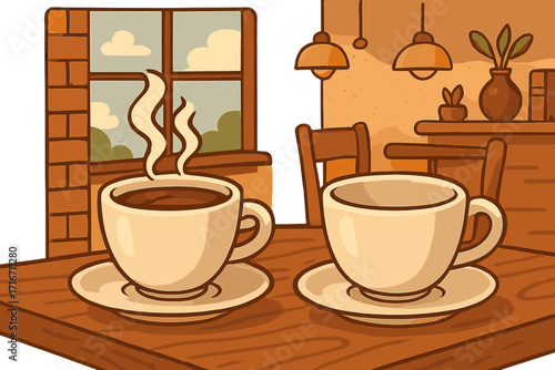 Two steaming coffee cups on saucers, one filled and steaming, one empty in a cozy cafe interior, warm brown tones, inviting coffee break, vector cartoon illustration