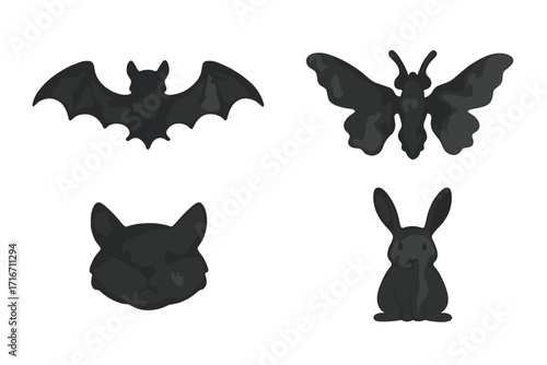 Unique Rorschach inkblot test patterns symmetrical abstract bat, butterfly, cat, and rabbit shapes on white background for psychological interpretation, vector cartoon set