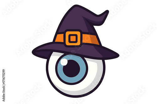 Halloween spooky eyeball in witch hat vector illustration. Funny horror monster eye character for holiday design. Magic witchcraft sorcery concept flat cartoon icon mascot.