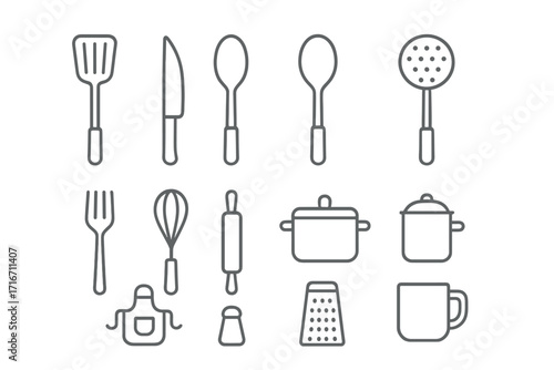 Minimalistic kitchen utensil icons set with outline style for culinary design, cooking tools vector illustration, transparent background, organized collection for cook and chef