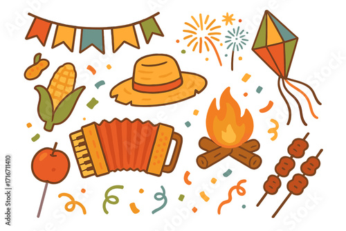 Festa Junina cartoon vector set. Brazilian June festival illustration. Traditional latin american party elements. Corn, bonfire, accordion, hat, fireworks and food icons.