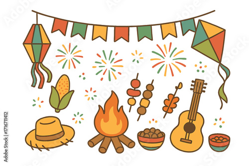 Festa Junina Brazil June festival icon set. Vector cartoon collection with bonfire, corn, guitar, lantern. Brazilian holiday party elements. Sao Joao celebration food and music.