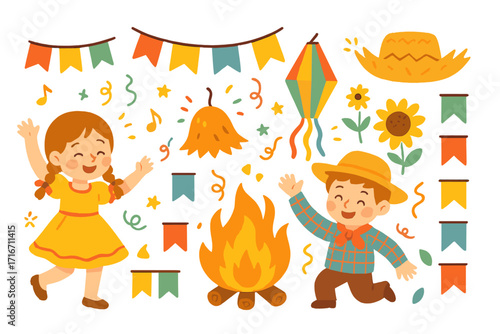Festa Junina vector set. Brazilian June festival cartoon collection. Cute boy and girl dancing, bonfire, lantern, straw hat, and party decorations. Flat design illustration.