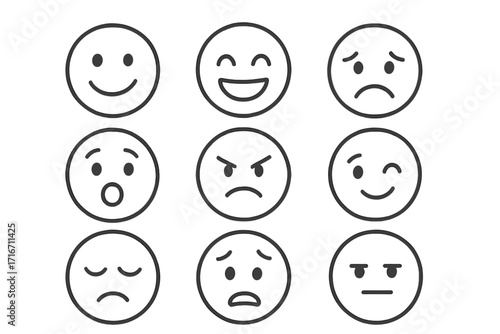 Set of linear emoji faces expressing a wide range of various emotions, vector cartoon illustration with transparent background, ordered emoji set for digital communication and design