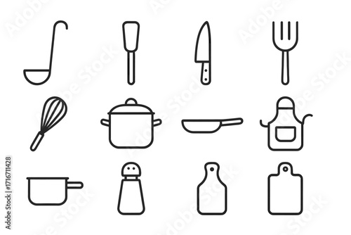 Minimalistic outline kitchen utensil icons set, culinary tools vector illustration with transparent background, ordered collection of cooking essentials, simple line art, cartoon style