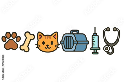 Minimalist pet care icons set with cat paw, bone, orange cat face, pet carrier, syringe, and stethoscope. Vector cartoon veterinary and animal health illustrations on transparent background