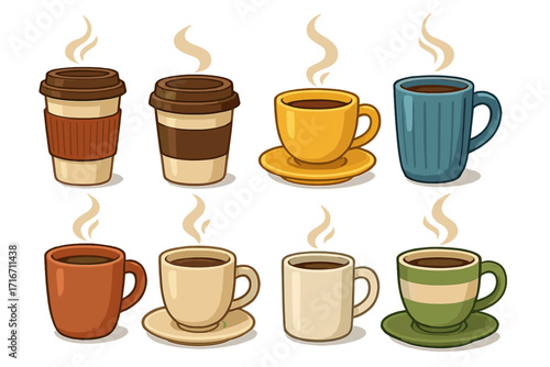 Various coffee cup designs showcasing diverse styles and colorful mugs for warm beverage enjoyment, hot drink collection, steaming cups, cartoon vector illustration, cozy coffee art