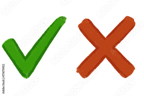 Green check mark and red cross signs. Yes and no symbols for right or wrong, correct and incorrect. Approved and rejected icon set. Hand drawn vector illustration.