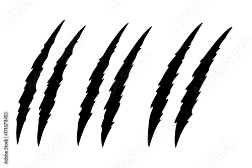 Animal claws mark set. Vector silhouette of monster claw scratches. Wild predator beast tear marks. Grunge decorative element. Aggressive sharp talon rips isolated on white.