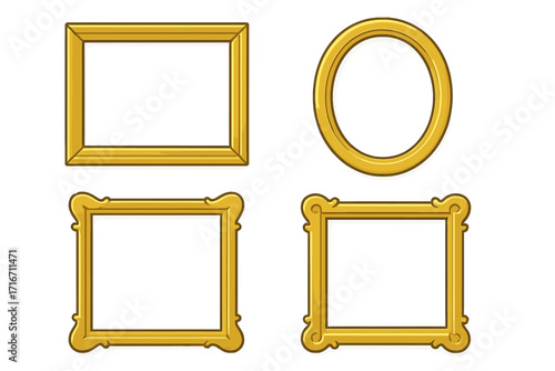 Set of golden frames in cartoon style. Collection of decorative gold picture borders, including classic rectangle, circle, and ornate vintage baroque styles. Vector isolated.