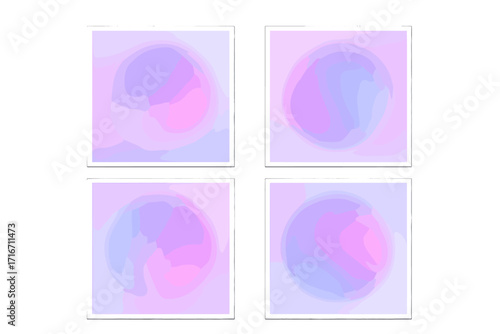 Y2K blurred gradient backgrounds set. Minimalistic templates with round holographic shapes in pastel lilac colors. Abstract blurry design for covers, brochures, and web.