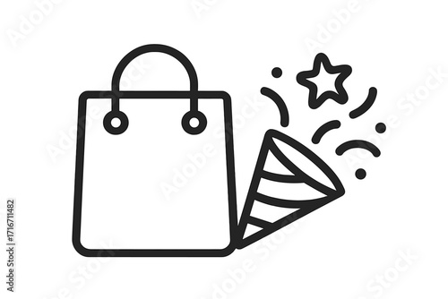 Shopping bag icon with party popper celebration symbol, linear style vector illustration, festive shopping concept, cartoon style, transparent background design