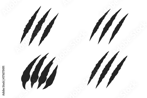 Animal claw scratches vector set. Wild beast attack marks silhouette illustration. Monster or dinosaur rip. Grunge effect tear trace. Predator danger symbol graphic element design.