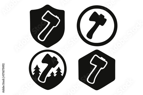 Axe icon set. Outdoor adventure and camping logo collection. Lumberjack tool silhouette vector. Forest and hiking badge elements. Hatchet and woodcutter emblem pack.