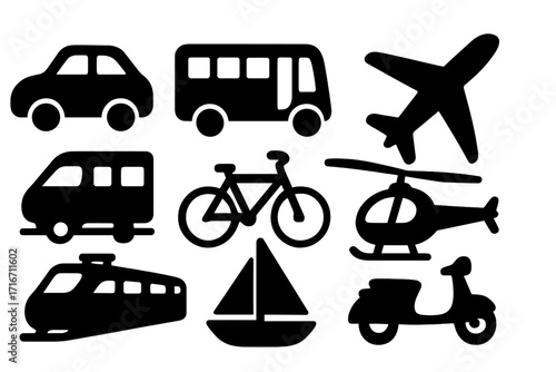 Silhouette icons of various transportation modes vector set including car, bus, airplane, bicycle, helicopter, train, sailboat, scooter with transparent background for travel and transport design