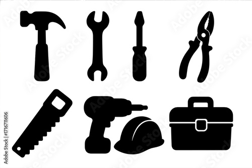 Silhouette tool icons set with hammer, wrench, screwdriver, pliers, saw, drill, safety helmet, toolbox. Vector cartoon illustration collection for construction, repair, and handyman work.