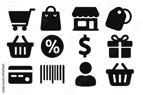 Simple black shopping and retail icons set with cart, bag, store, tags, discount, dollar sign, gift, credit card, barcode, and user silhouette for online and physical stores