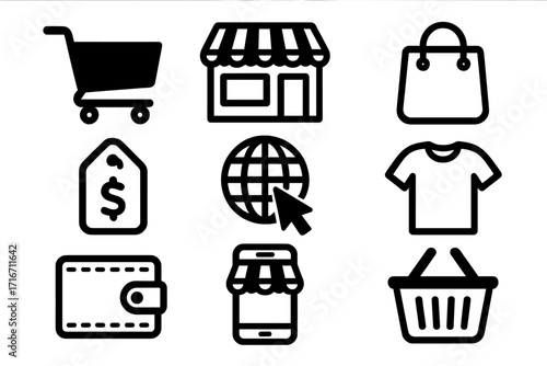 Simple black shopping and retail icons set for online and physical stores, vector cartoon illustration, transparent background, ordered ecommerce icons, digital and real shop symbols