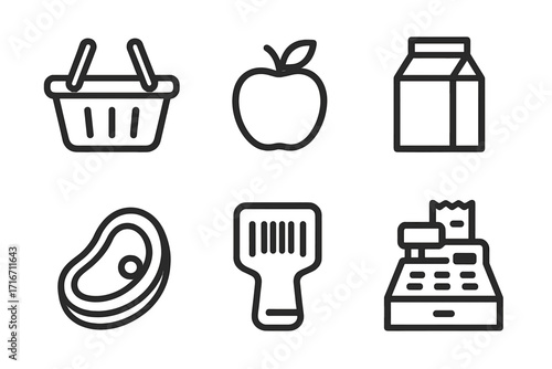 Minimalist shopping icons basket apple milk steak barcode scanner cashier grocery store essentials vector cartoon illustration transparent background set