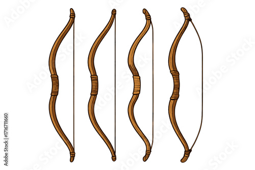 Vintage wooden bows collection showcasing traditional archery craftsmanship and techniques, detailed vector cartoon illustration of antique archery equipment, handmade wooden bows design
