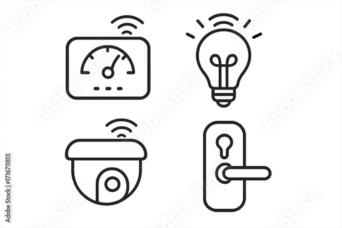 Smart home devices icons including thermostat, light bulb, security camera, and door lock in minimalist linear style, modern vector illustration with transparent background