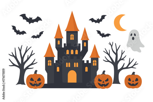 Halloween spooky icon set with haunted castle, jack o'lantern pumpkin, ghost, bat, scary tree, moon. Vector cartoon illustration collection for holiday design flat style.