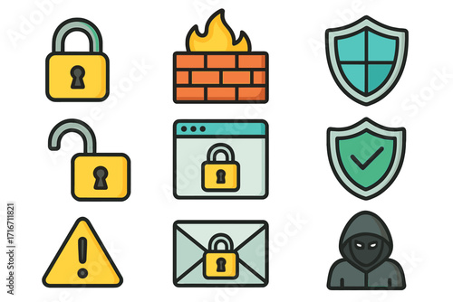 Simple vector web security icons set featuring padlocks, firewall bricks, shields with checkmarks, warning signs, secure emails, browser lock, and hacker hooded figure, cartoon style