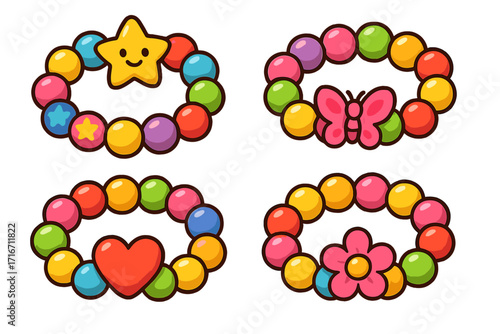 Cute cartoon beaded bracelets set for kids. Children's colorful jewelry collection with star, butterfly, heart, and flower charms. Vector accessory illustration for girls.