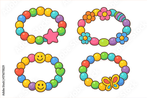 Colorful beaded bracelets set for kids. Children's friendship jewelry with cute charms like stars, flowers, hearts, and butterflies. Vector cartoon illustration for crafts & accessories.