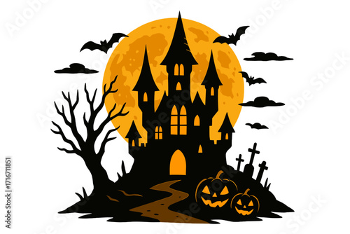 Halloween haunted castle silhouette with spooky pumpkins and bats flying over a graveyard. Scary gothic palace against a full moon. Vector cartoon horror night illustration.