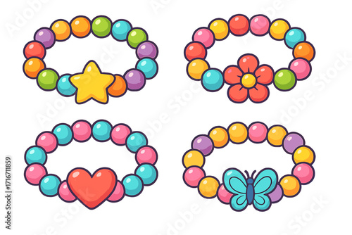 Set of cute cartoon beaded bracelets for kids. Colorful children's friendship jewelry with star, heart, flower, butterfly charms. Vector illustration for DIY crafts & accessories.