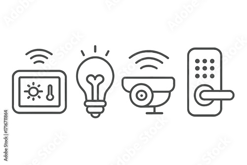 Smart home devices icons with thermostat, light bulb, security camera, and smart door lock in modern linear style, vector design illustration for technology and automation concepts