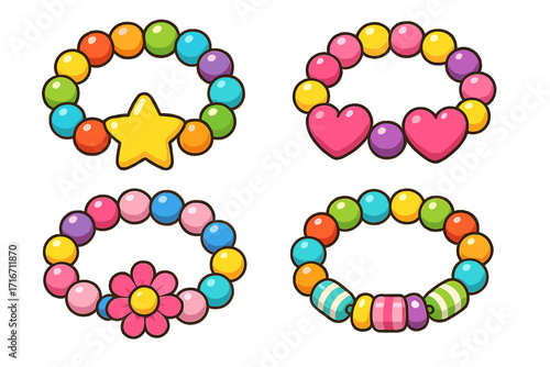 Cute beaded bracelets set for kids. Vector cartoon illustration of colorful friendship jewelry with star, heart, and flower charms. Girly accessory for children, DIY crafts.