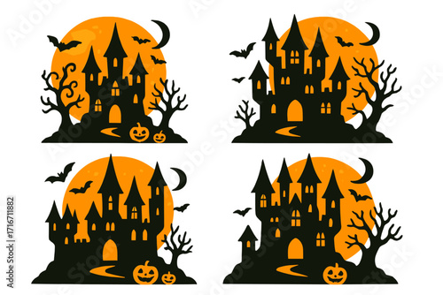 Set of Halloween spooky haunted castle silhouettes. Vector cartoon illustration with scary pumpkins, bats, and moon. Spooky house collection for horror party poster design.