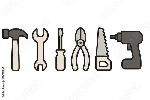 Minimalist tool icons set with hammer, wrench, screwdriver, pliers, saw, and cordless drill, vector cartoon illustration collection for construction and repair projects