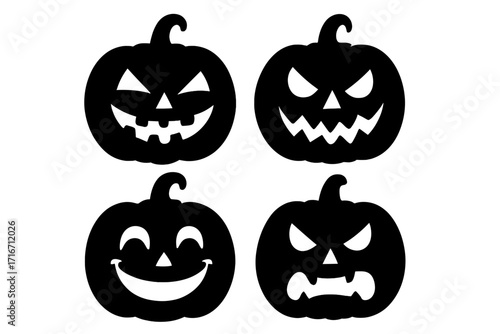 Set of black pumpkin silhouettes for Halloween. Jack O Lantern scary, happy and angry face collection. Vector symbol icon for spooky holiday design and autumn decoration.