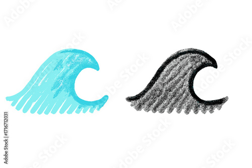 Set of hand-drawn crayon and charcoal wave shapes. Vector cartoon doodle with textured strokes. Blue and black sea wave icons for creative design on a transparent background.