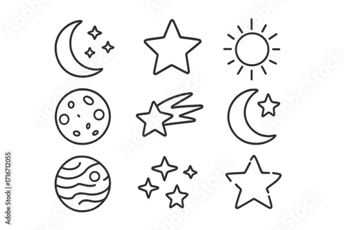 Celestial bodies line icon set. Vector collection of astrology and astronomy symbols. Sun, moon phases, stars, planet, meteor icons. Editable stroke for web design, apps.