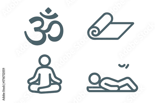 Minimalist yoga meditation icons set with OM symbol, yoga mat, seated meditation pose, and relaxation figure, vector cartoon illustration, calm mindfulness design