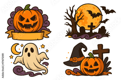 Halloween vector illustration set. Collection of cartoon icons for holiday design. Spooky jack o lantern pumpkin, cute ghost, witch hat, and scary cemetery with full moon.