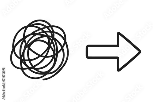 Tangled scribble doodle chaotic line illustration with transparent background and directional arrow icon vector cartoon style set for concept flow and progression